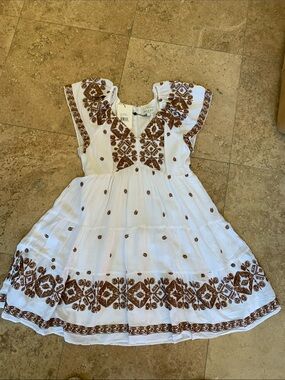 Hale Bob White Dress with Brown Embroidery
